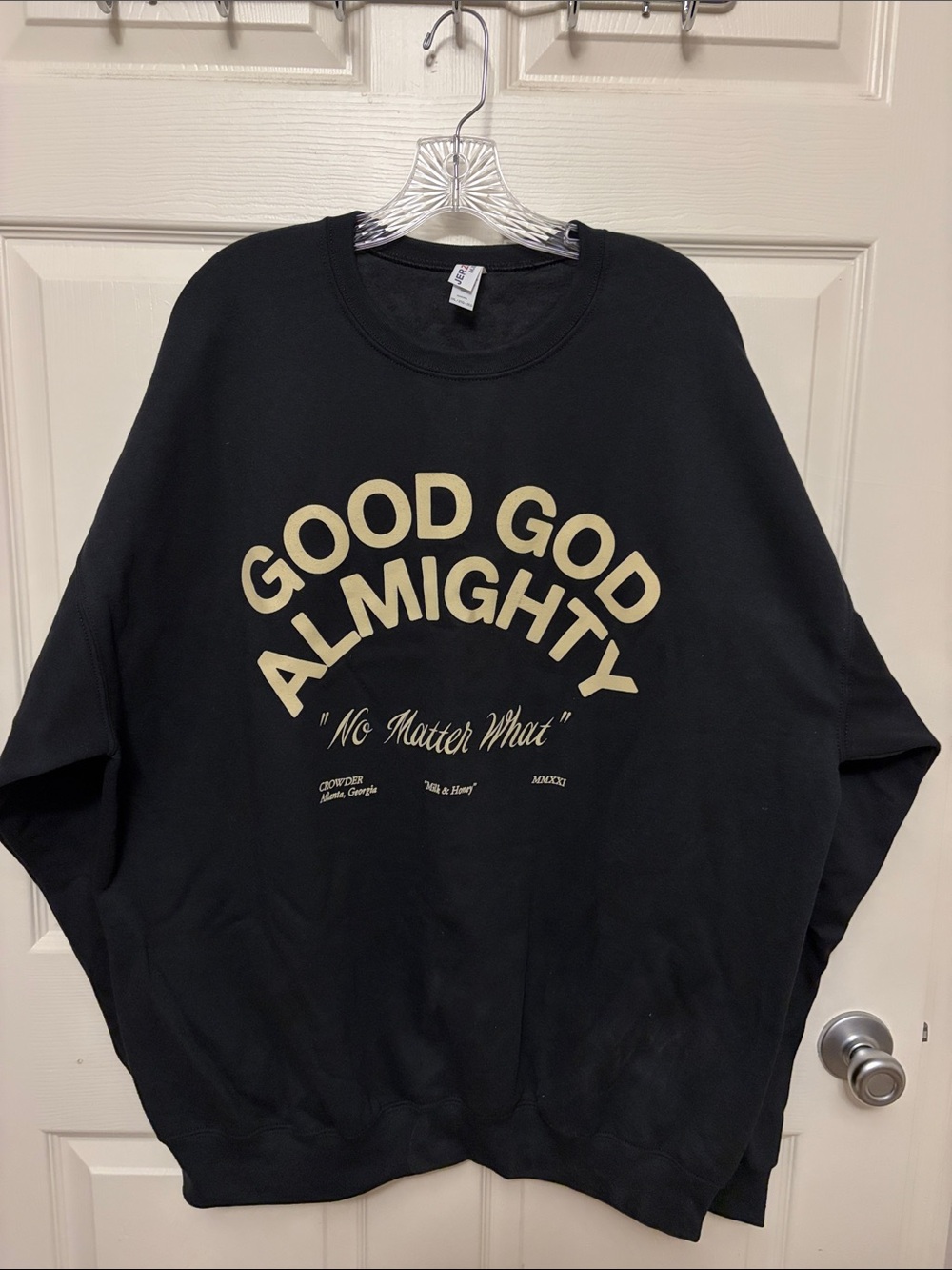 Jerzees Black Crewneck Sweatshirt with White Tag Detail
